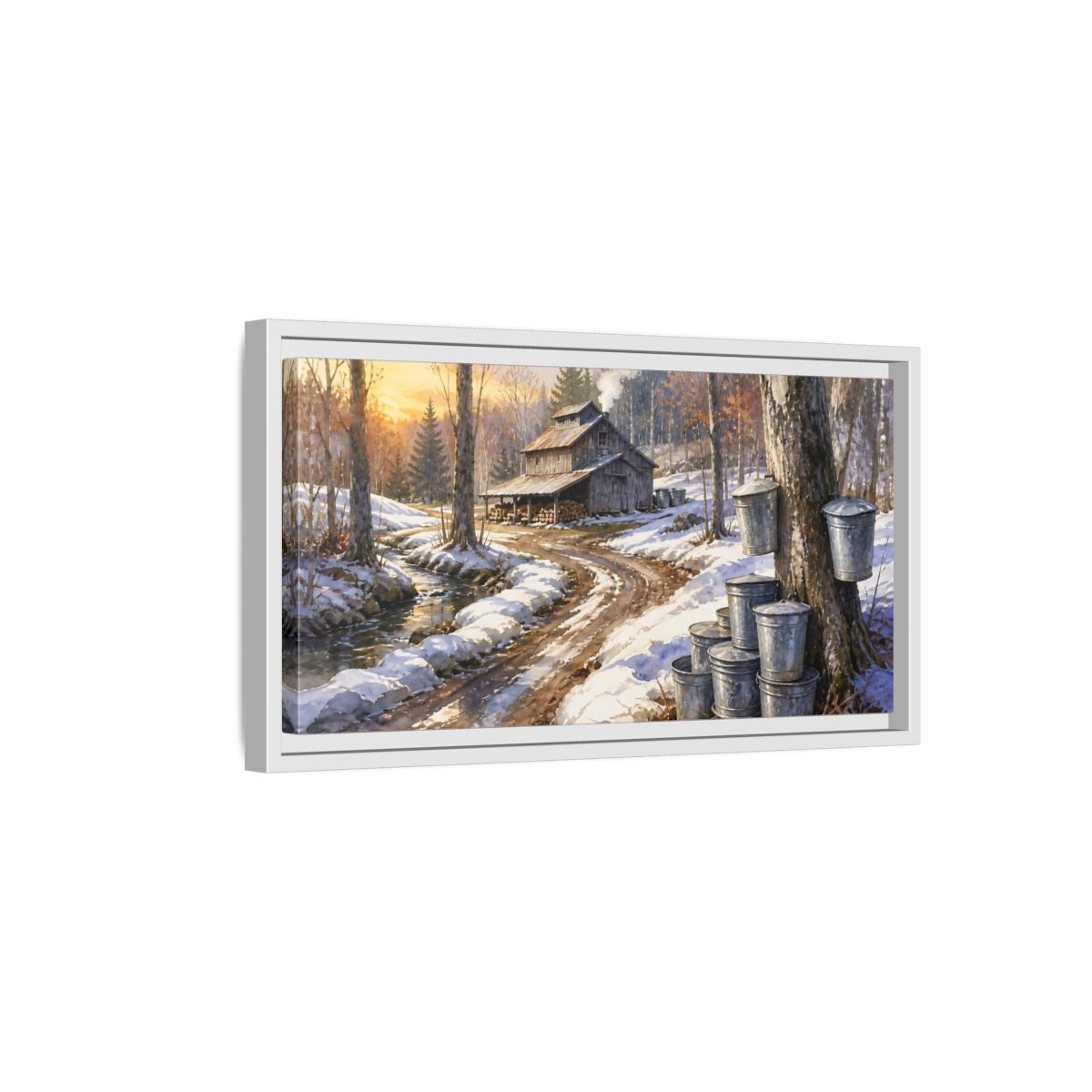 Side Mockup 6. Maple Sugar Shack Sunrise shown as framed canvas print
