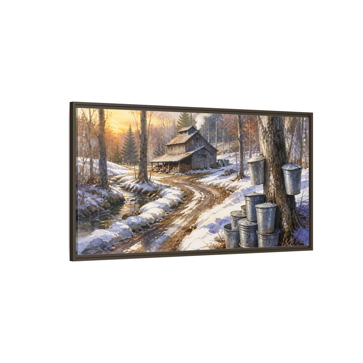 Side Mockup 4. Maple Sugar Shack Sunrise shown as framed canvas print