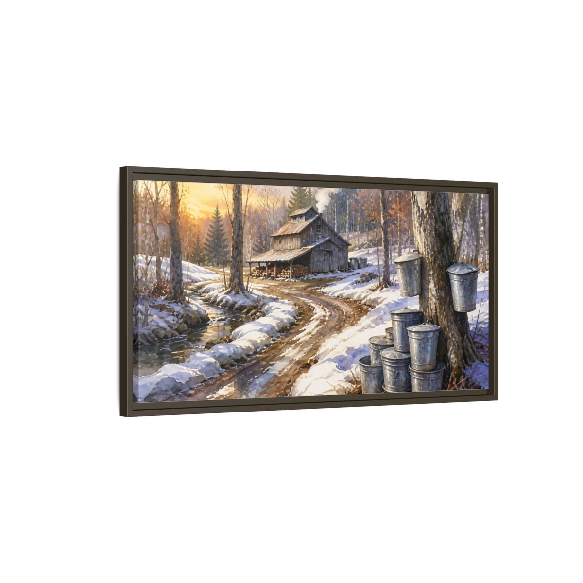 Main Mockup. Maple Sugar Shack Sunrise shown as framed canvas print
