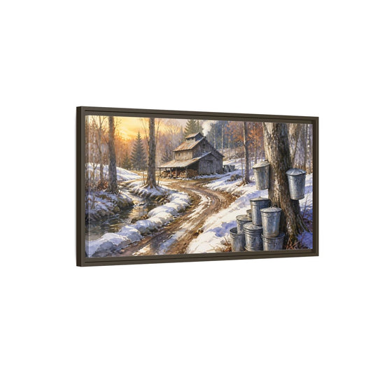 Main Mockup. Maple Sugar Shack Sunrise shown as framed canvas print
