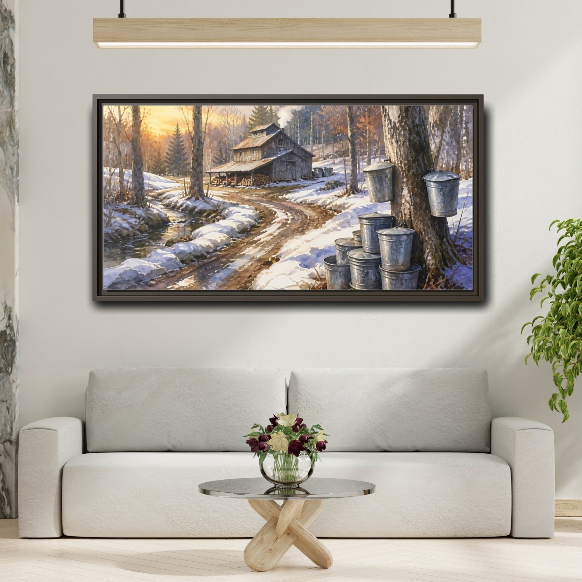 Mockup 2. Maple Sugar Shack Sunrise shown as framed canvas print