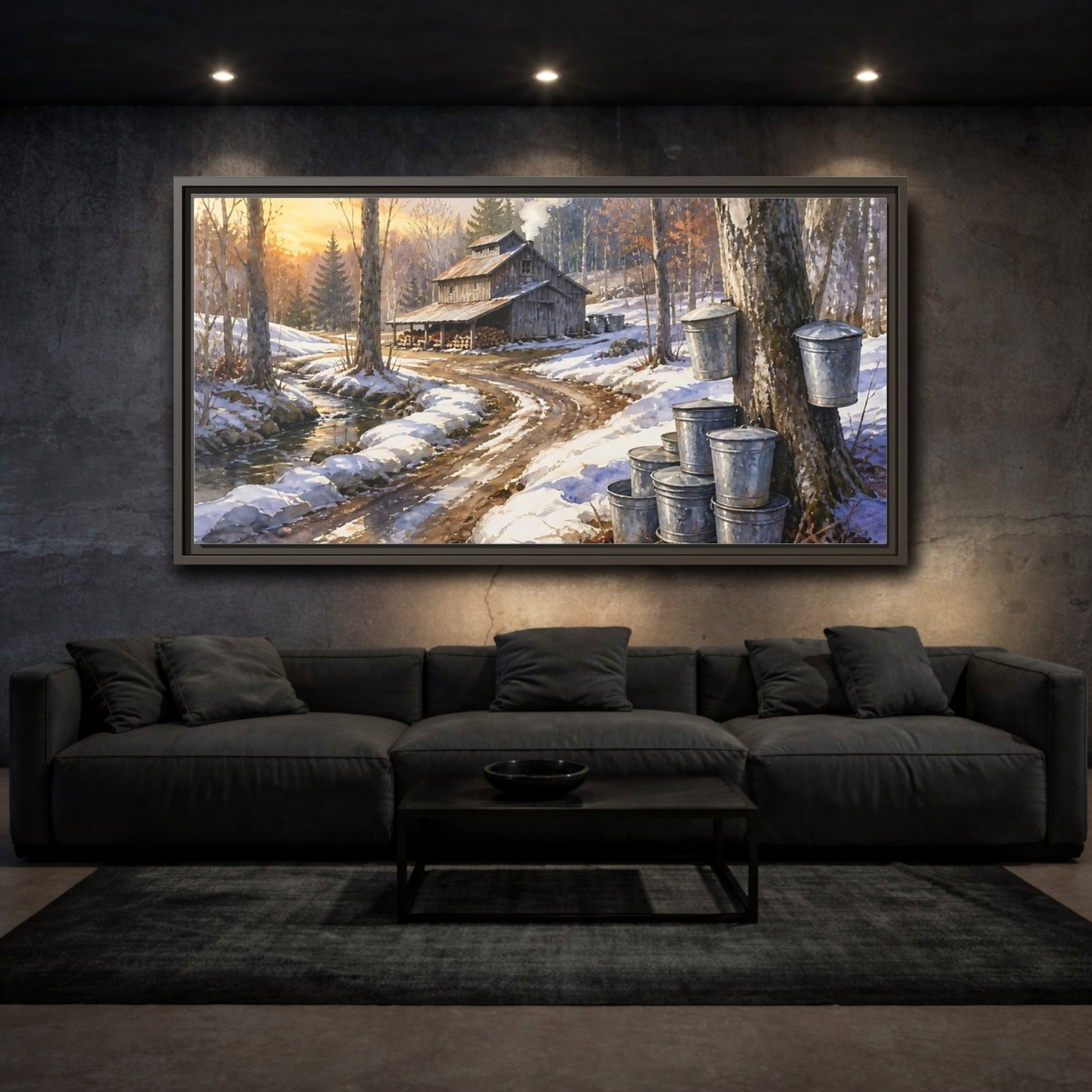 Mockup 3. Maple Sugar Shack Sunrise shown as framed canvas print
