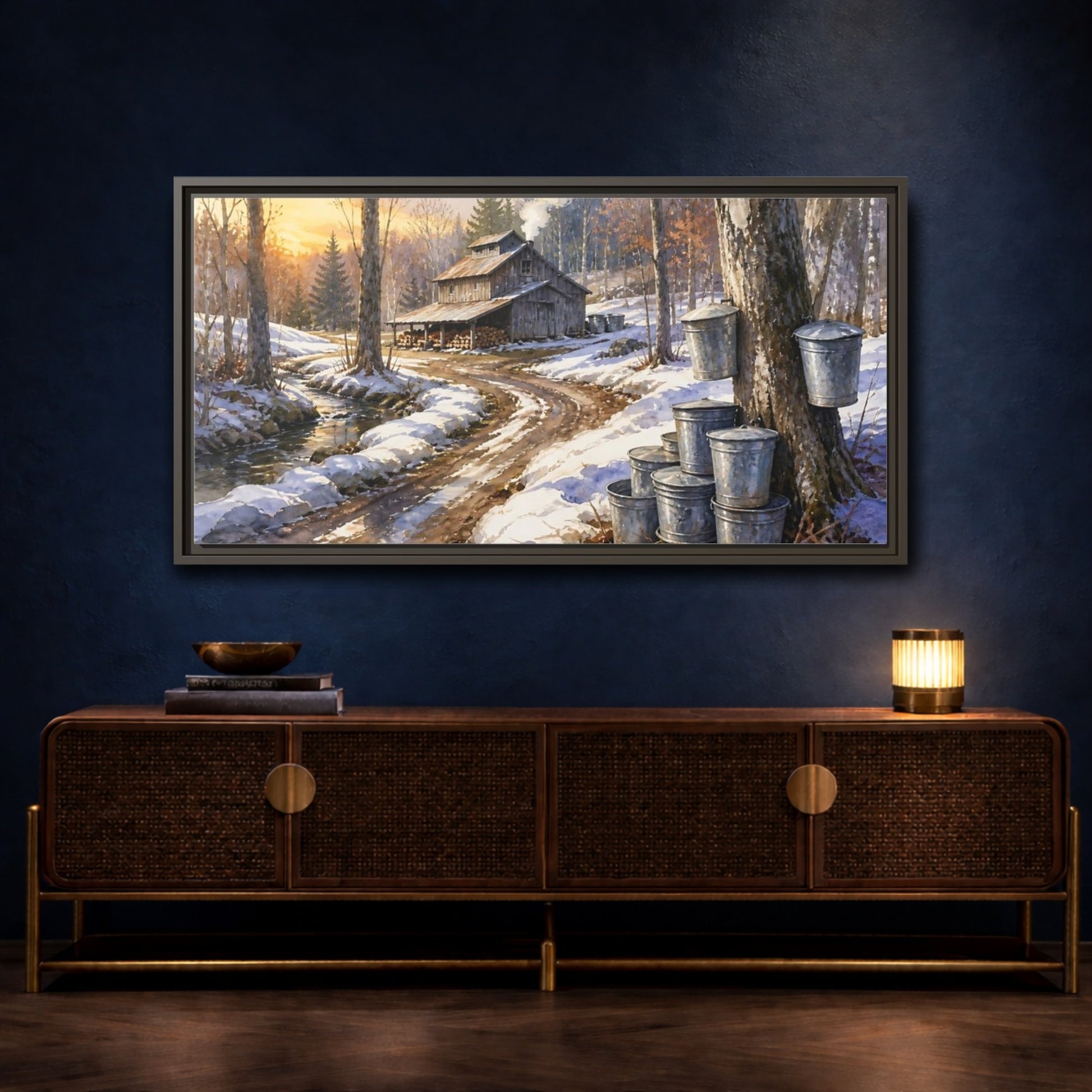 Mockup 4. Maple Sugar Shack Sunrise shown as framed canvas print