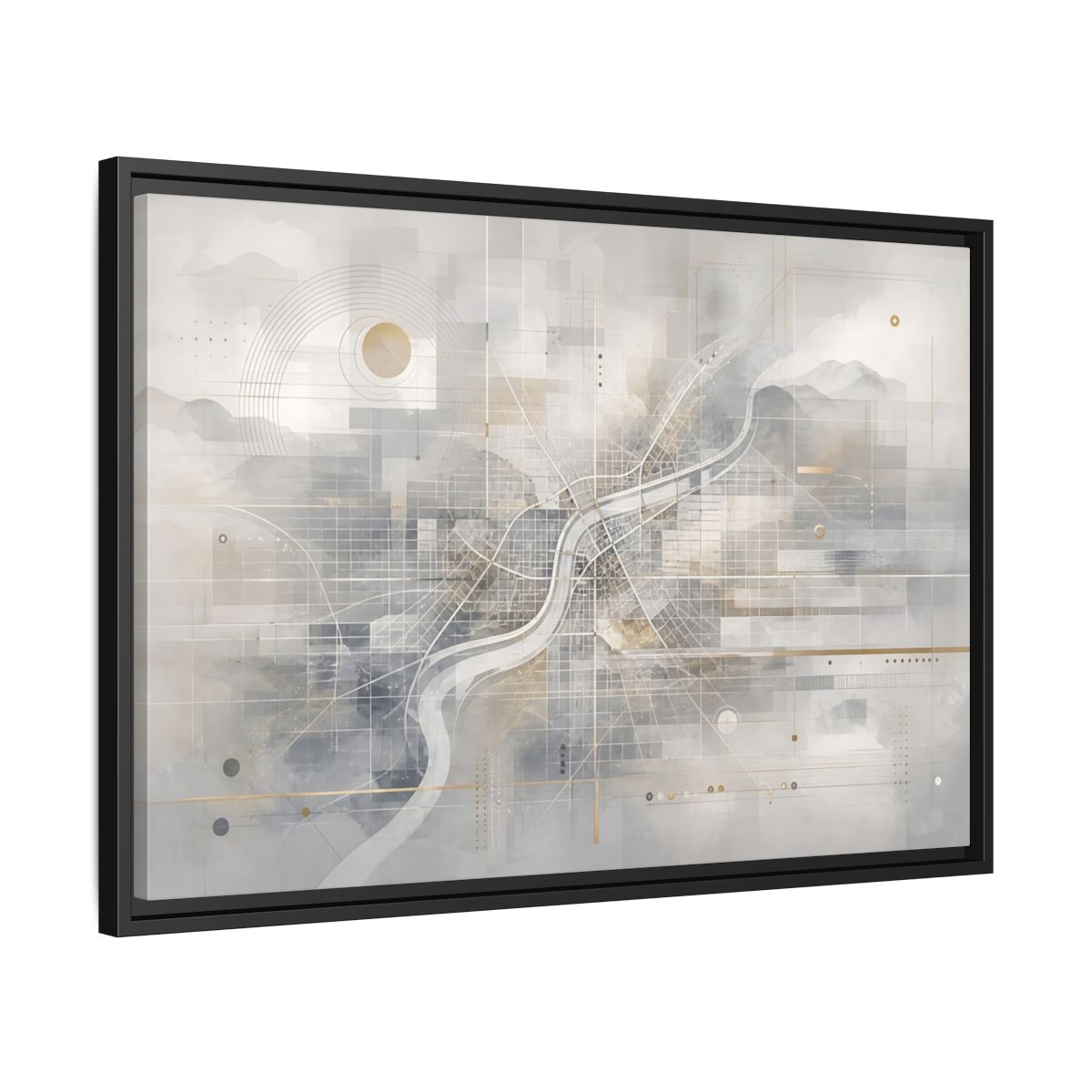 Side Mockup 14. Maps City Map Grey Gold Map shown as stretched canvas wall art