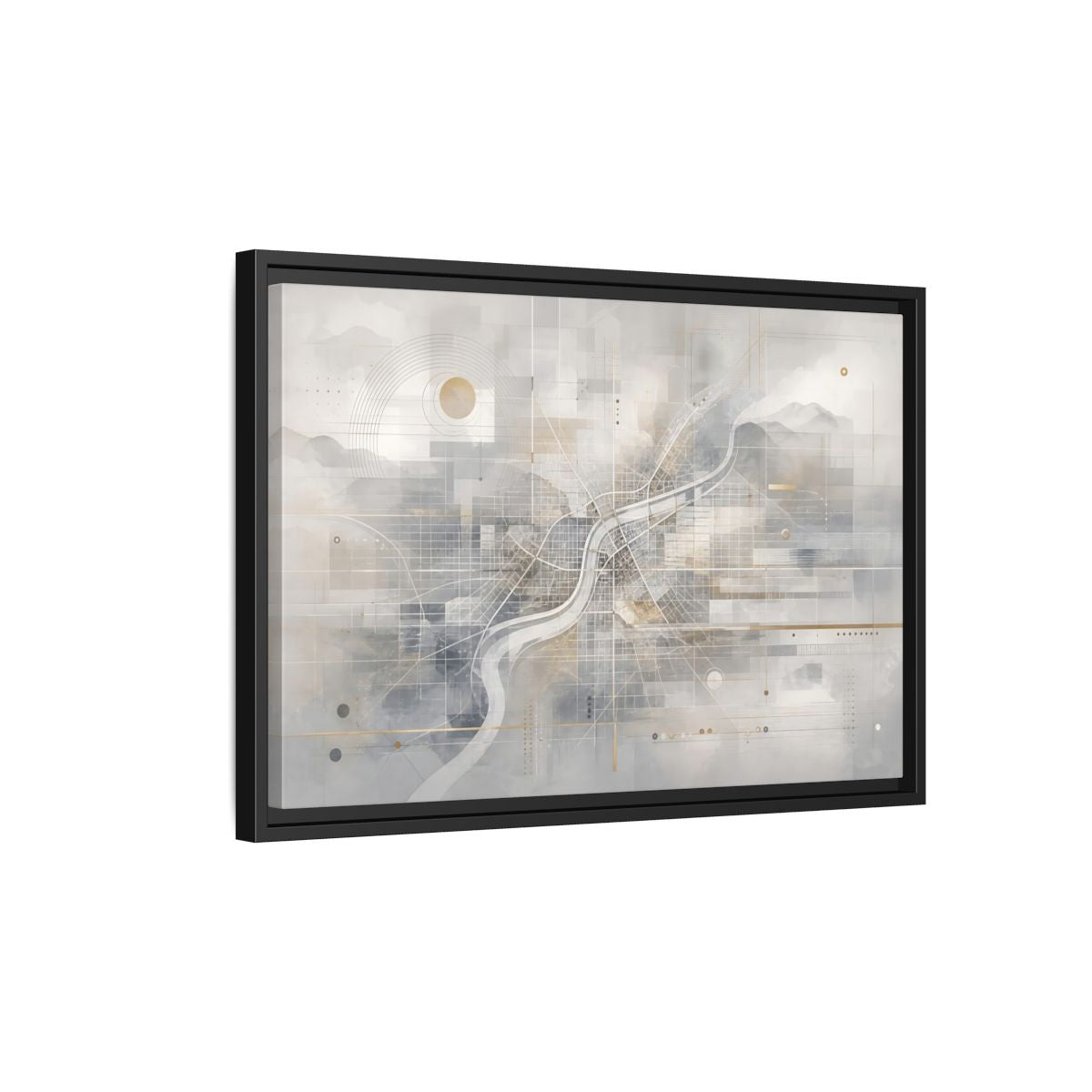 Side Mockup 3. Maps City Map Grey Gold Map shown as stretched canvas wall art