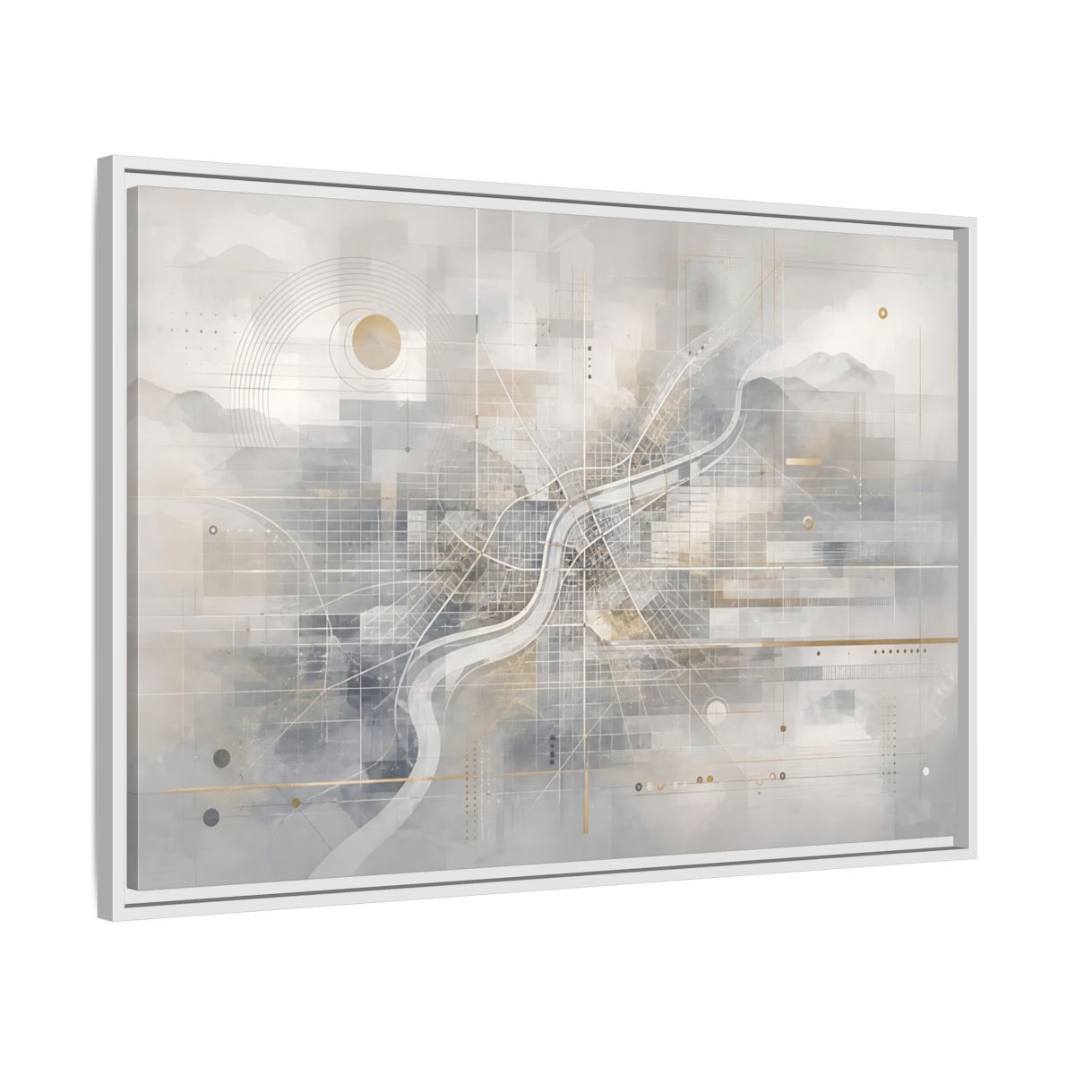 Side Mockup 9. Maps City Map Grey Gold Map shown as stretched canvas wall art