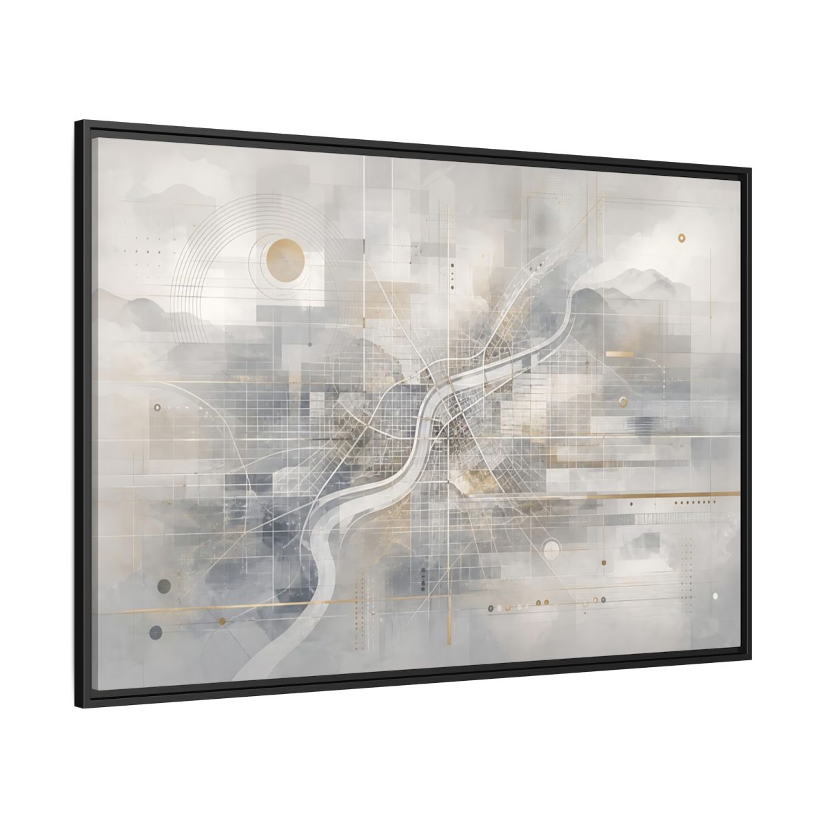 Side Mockup 12. Maps City Map Grey Gold Map shown as stretched canvas wall art