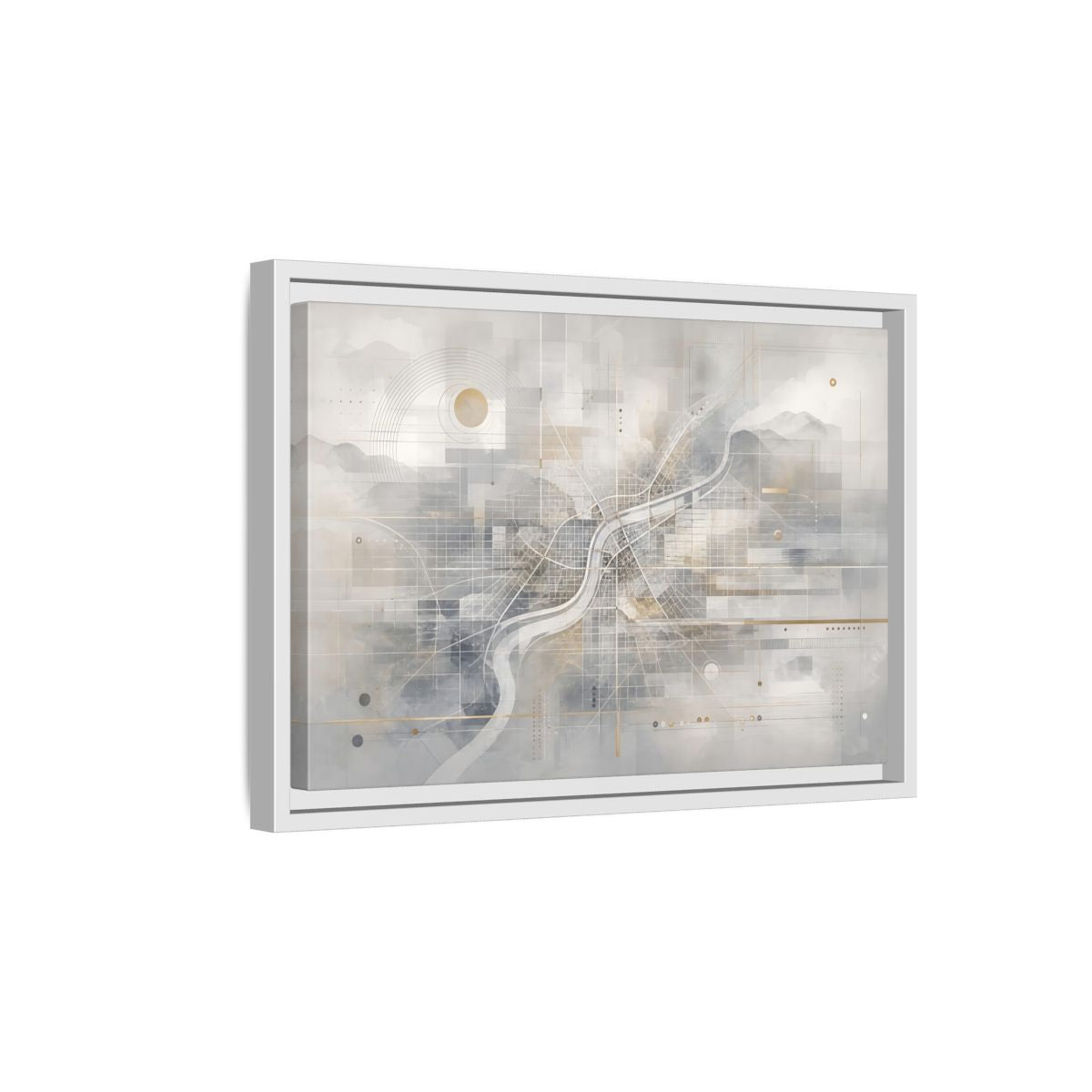Side Mockup 4. Maps City Map Grey Gold Map shown as stretched canvas wall art