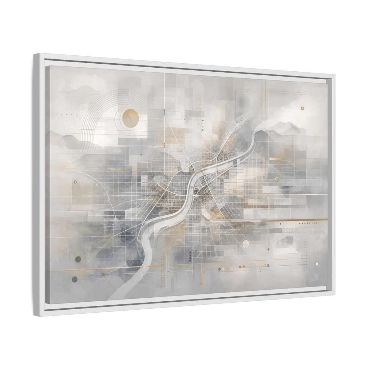 Side Mockup 10. Maps City Map Grey Gold Map shown as stretched canvas wall art
