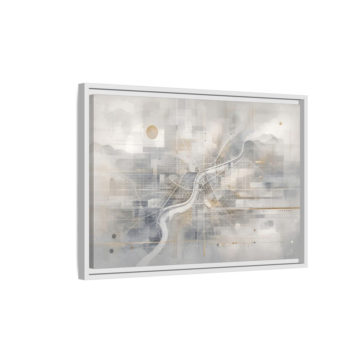 Side Mockup 1. Maps City Map Grey Gold Map shown as stretched canvas wall art