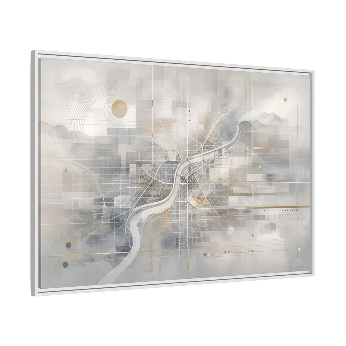 Side Mockup 7. Maps City Map Grey Gold Map shown as stretched canvas wall art