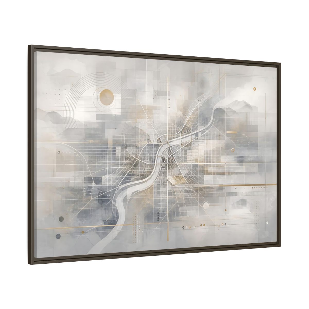 Side Mockup 8. Maps City Map Grey Gold Map shown as stretched canvas wall art
