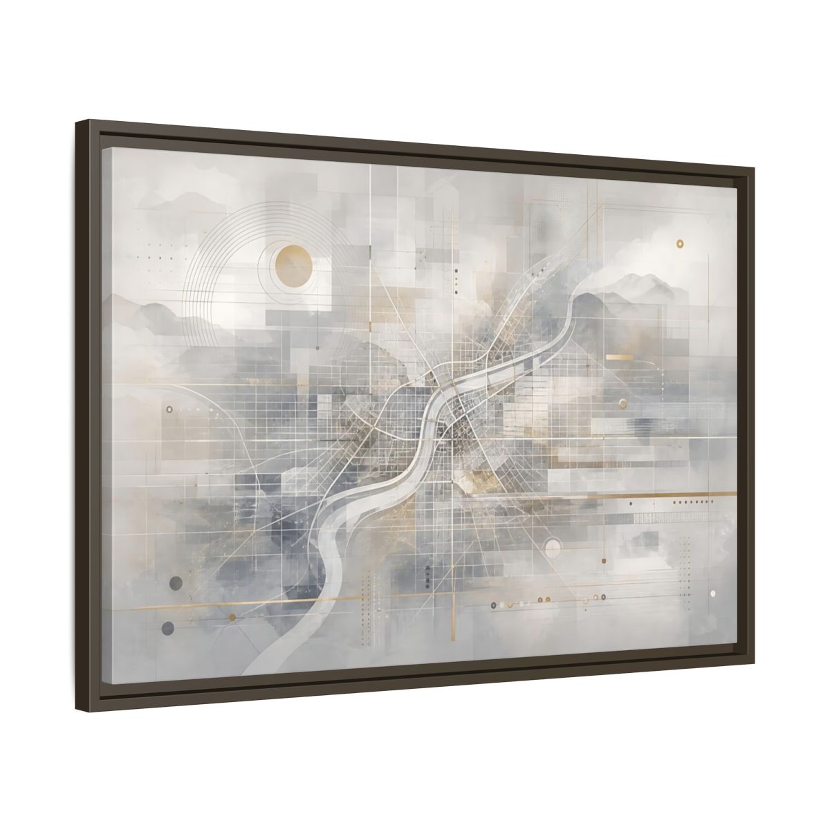 Side Mockup 11. Maps City Map Grey Gold Map shown as stretched canvas wall art