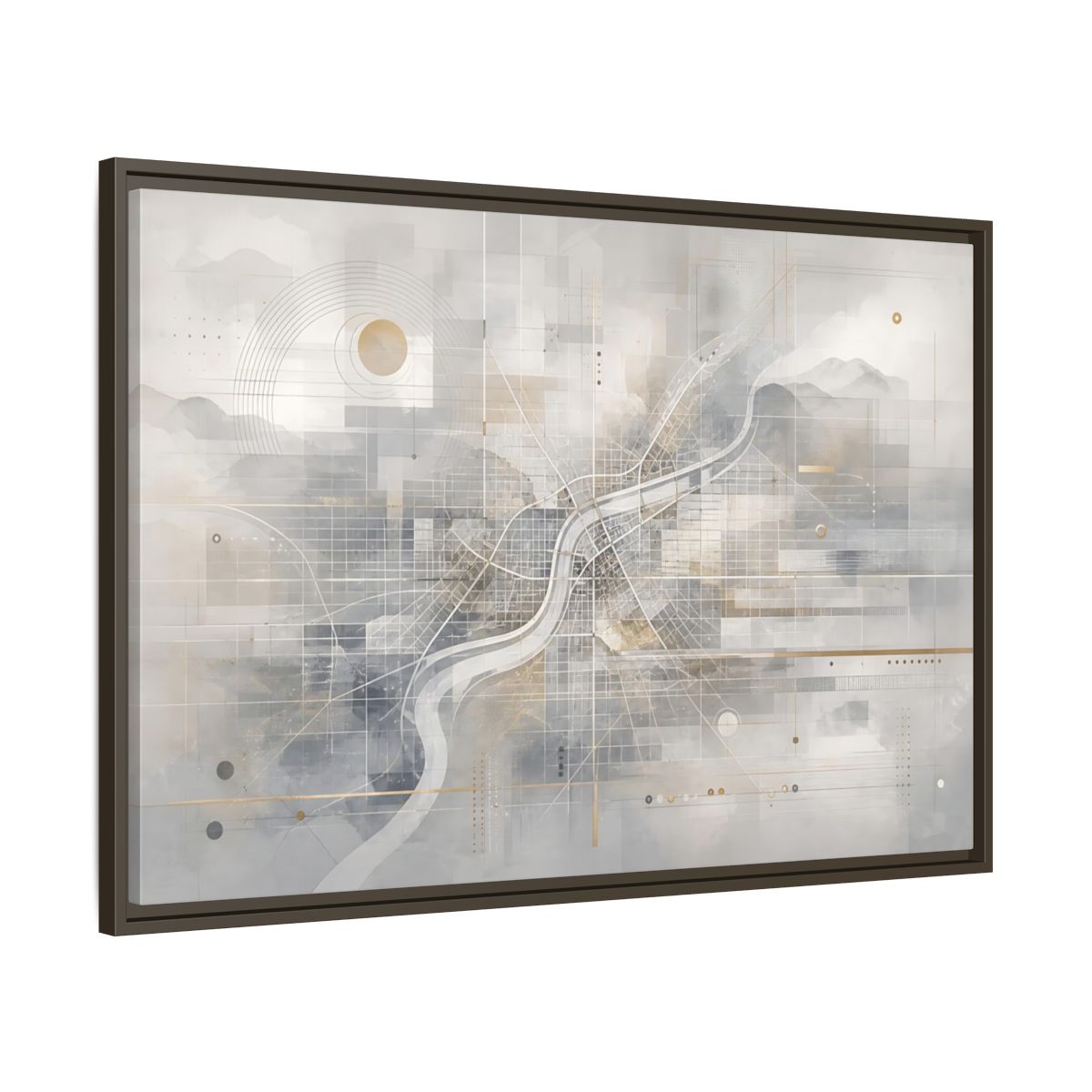 Main Mockup. Maps City Map Grey Gold Map shown as stretched canvas wall art