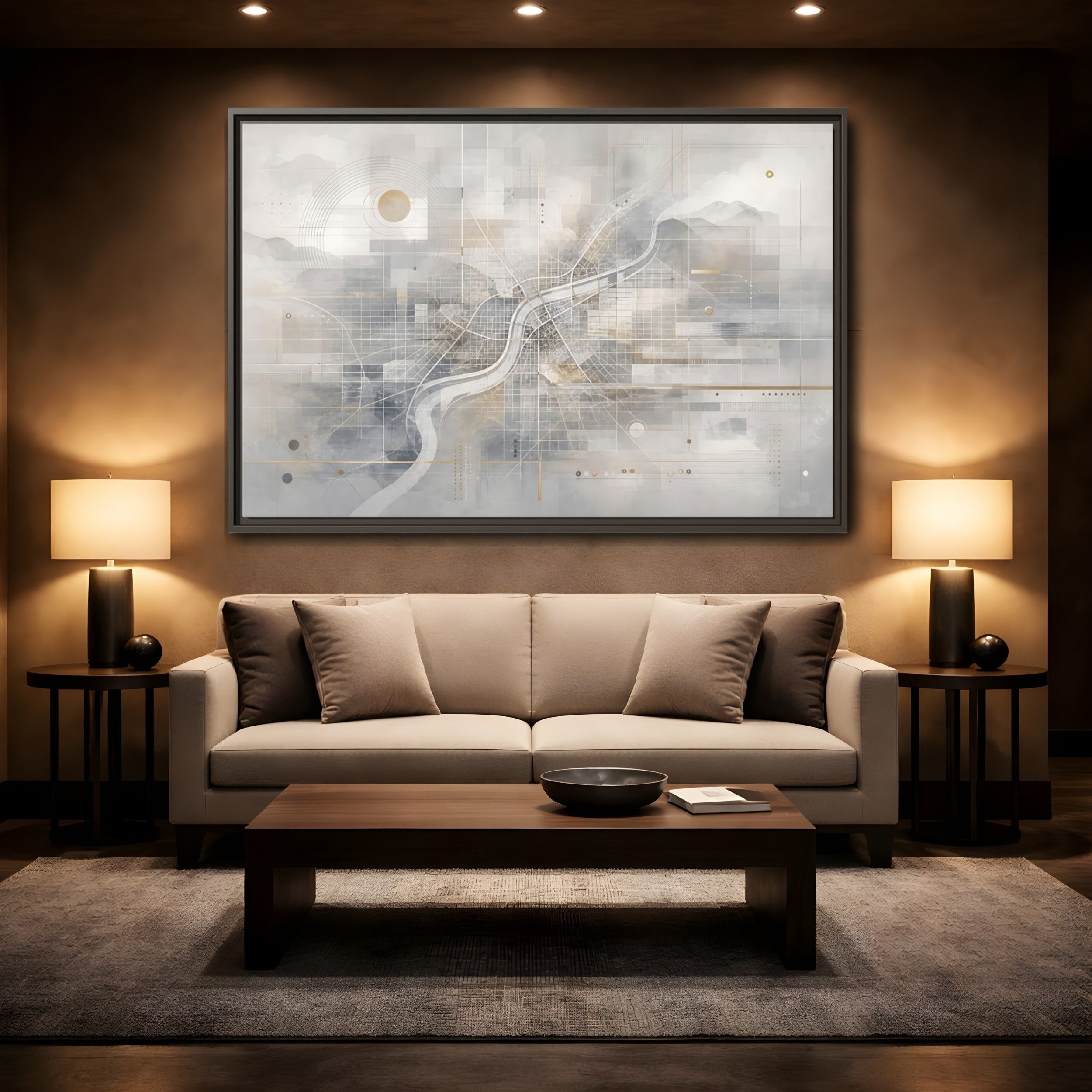 Mockup 2. Maps City Map Grey Gold Map shown as stretched canvas wall art