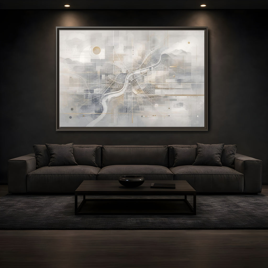 Mockup 3. Maps City Map Grey Gold Map shown as stretched canvas wall art