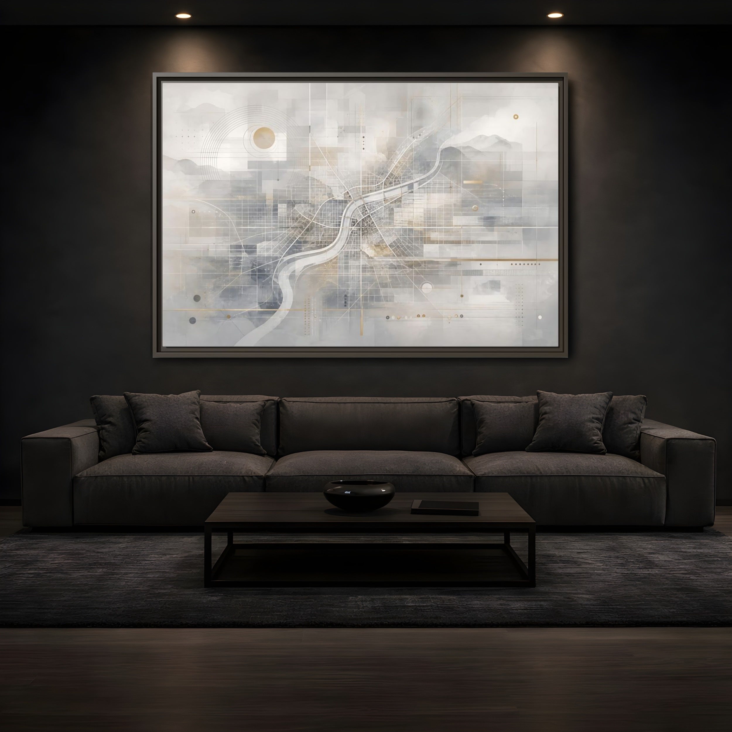 Mockup 3. Maps City Map Grey Gold Map shown as stretched canvas wall art