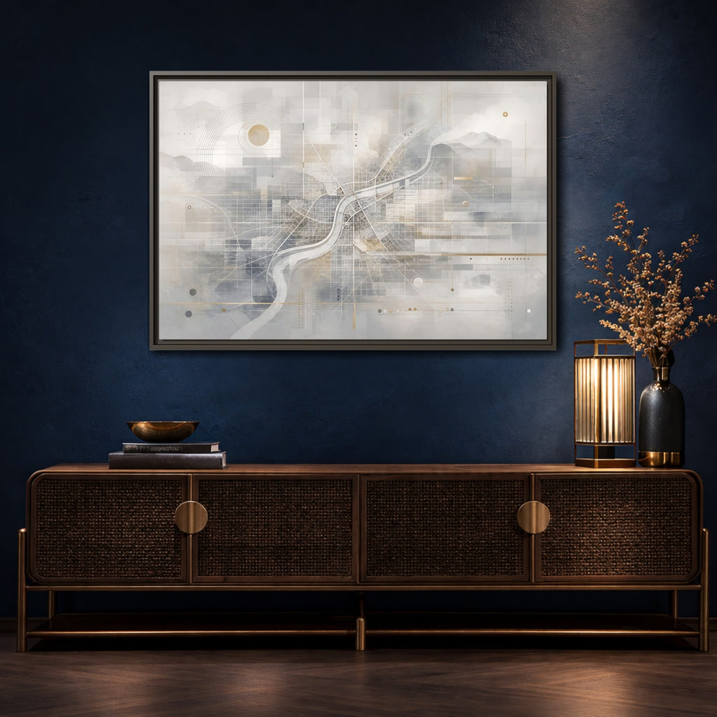 Mockup 4. Maps City Map Grey Gold Map shown as stretched canvas wall art