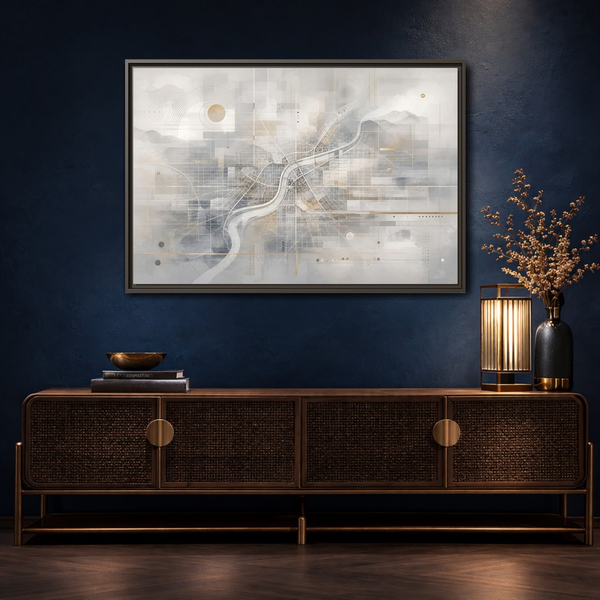 Mockup 4. Maps City Map Grey Gold Map shown as stretched canvas wall art