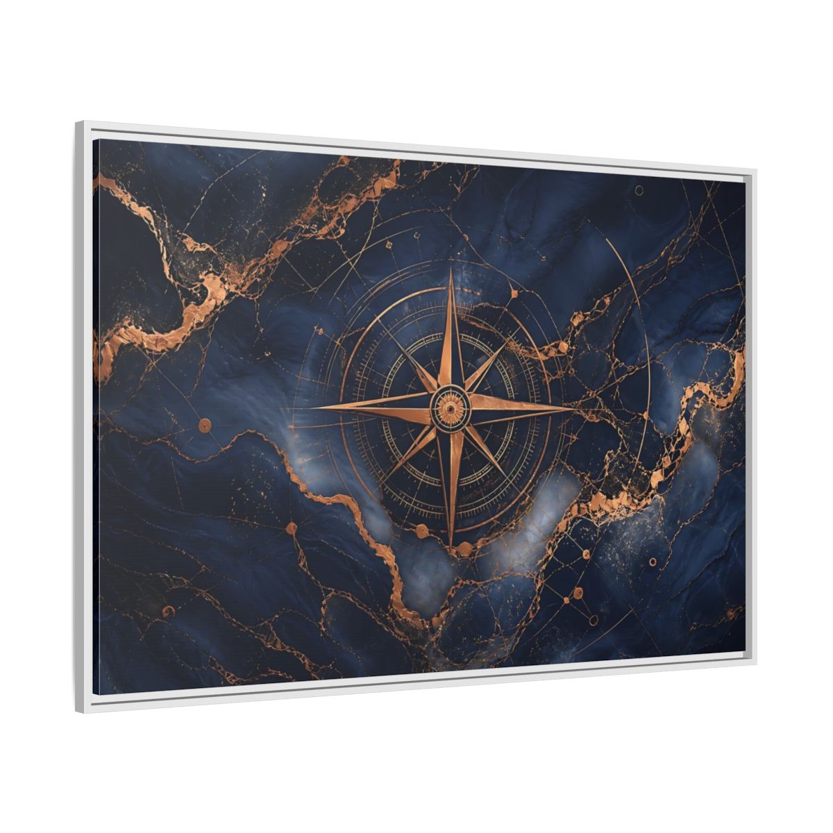 Side Mockup 7. Maps Compass Rose Blue And Gold shown as stretched canvas wall art
