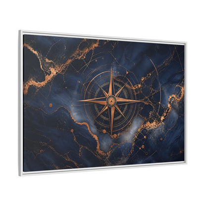 Side Mockup 7. Maps Compass Rose Blue And Gold shown as stretched canvas wall art
