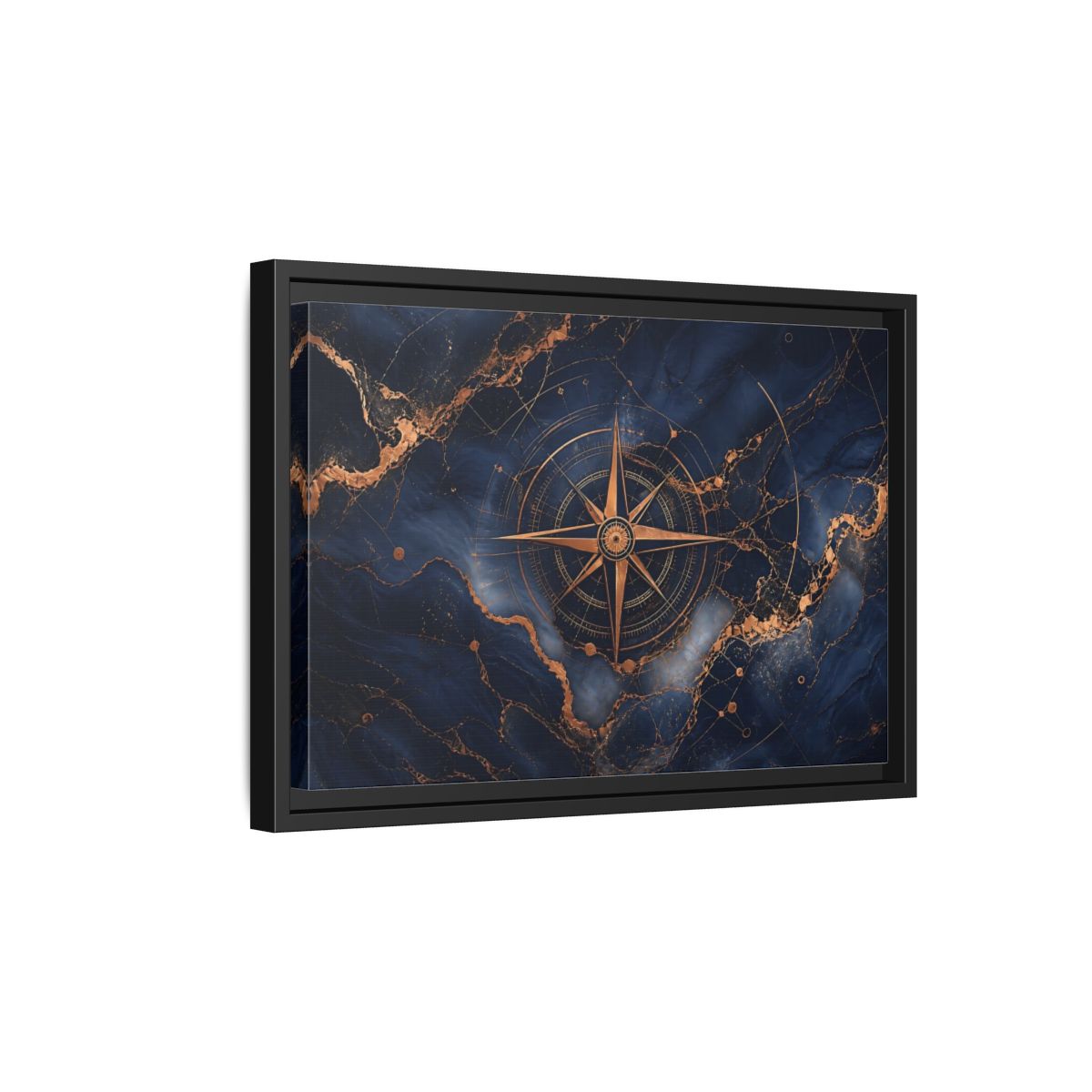 Side Mockup 6. Maps Compass Rose Blue And Gold shown as stretched canvas wall art