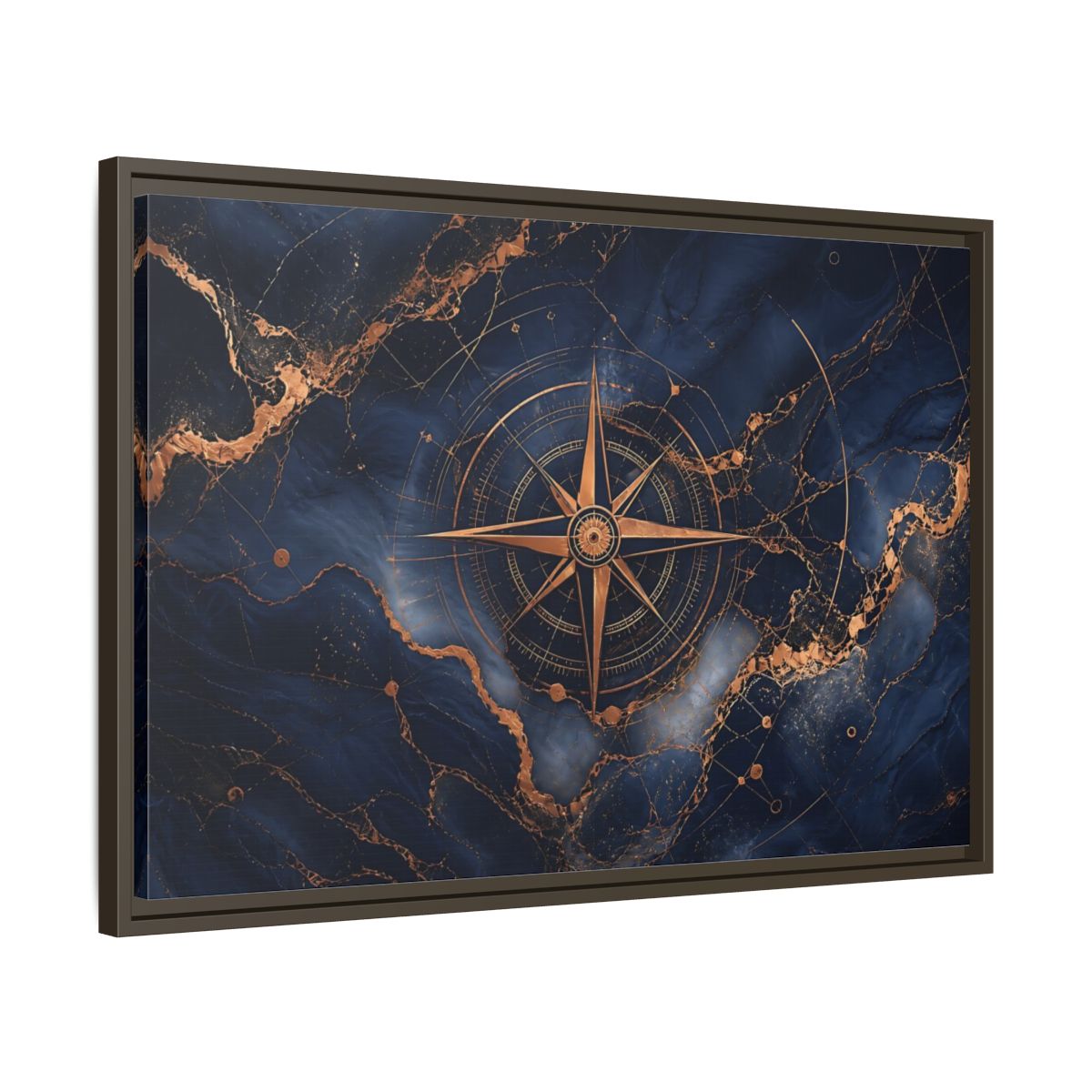 Side Mockup 11. Maps Compass Rose Blue And Gold shown as stretched canvas wall art