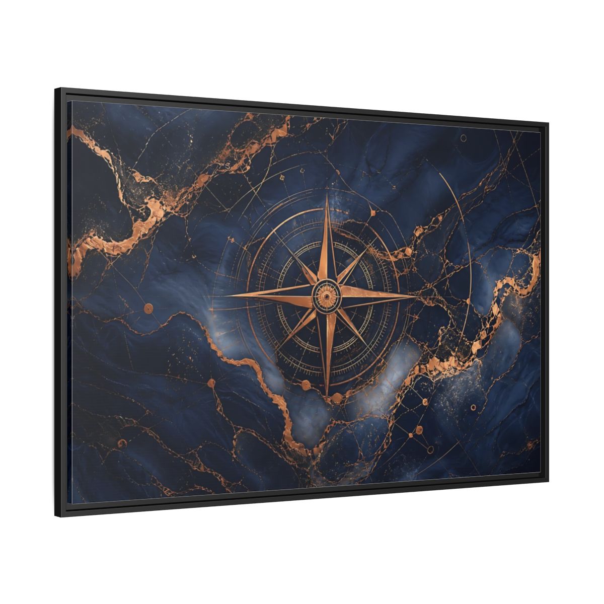 Side Mockup 12. Maps Compass Rose Blue And Gold shown as stretched canvas wall art