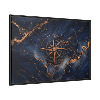 Side Mockup 12. Maps Compass Rose Blue And Gold shown as stretched canvas wall art