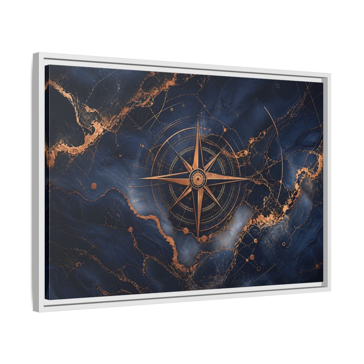 Side Mockup 10. Maps Compass Rose Blue And Gold shown as stretched canvas wall art