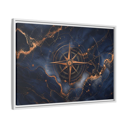 Side Mockup 10. Maps Compass Rose Blue And Gold shown as stretched canvas wall art