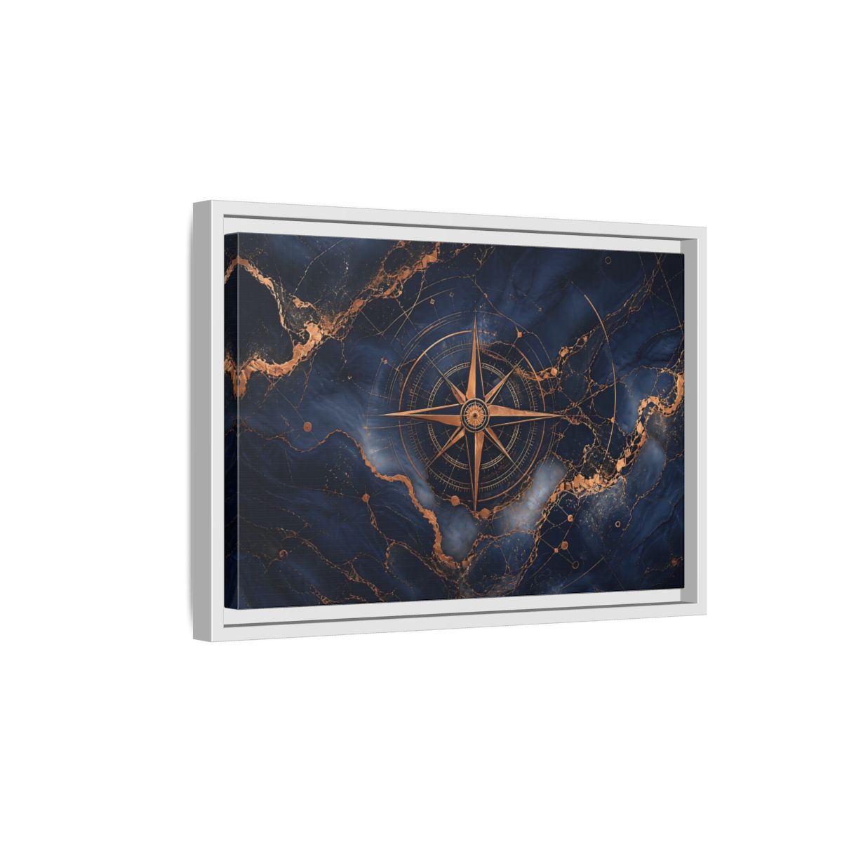 Side Mockup 4. Maps Compass Rose Blue And Gold shown as stretched canvas wall art