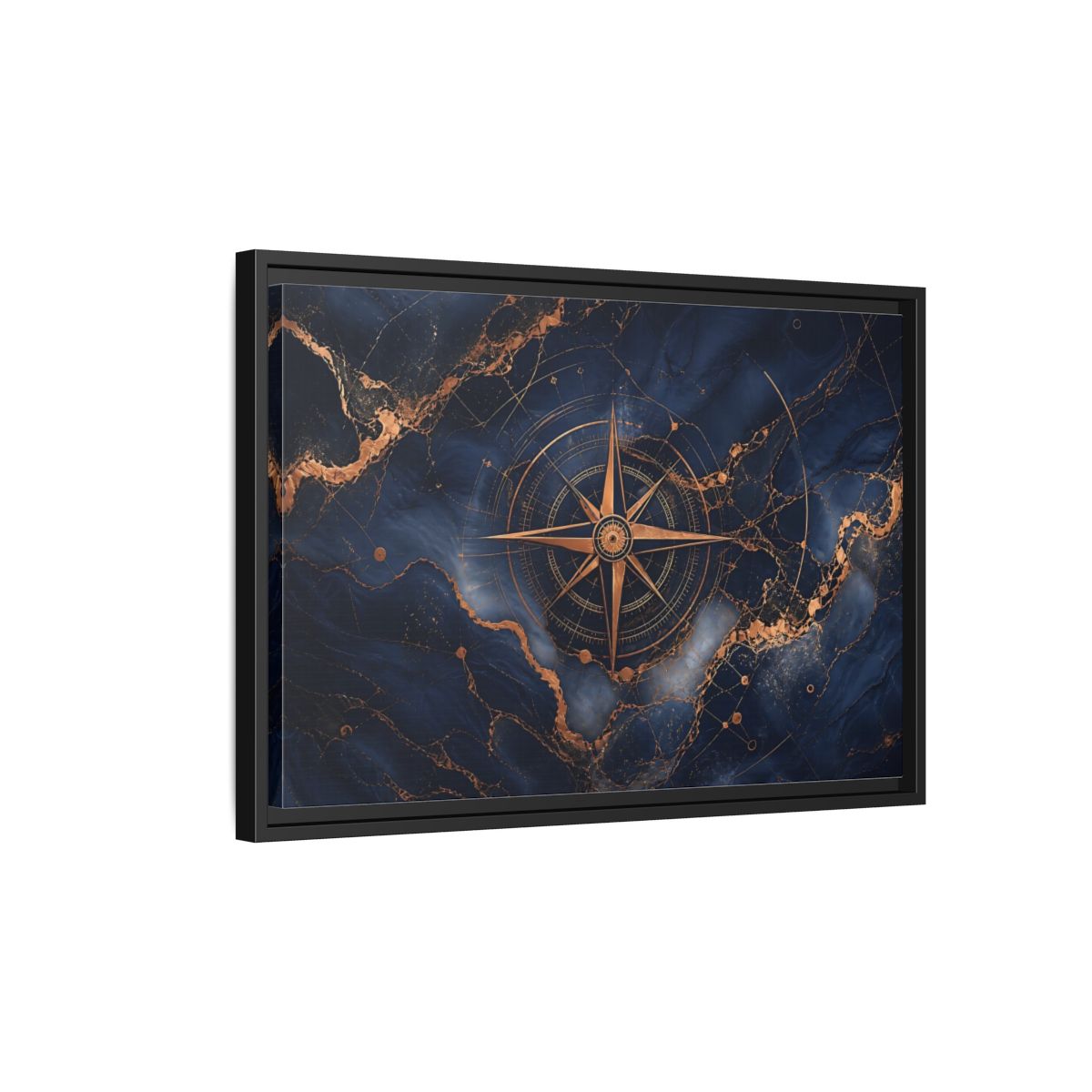 Side Mockup 3. Maps Compass Rose Blue And Gold shown as stretched canvas wall art
