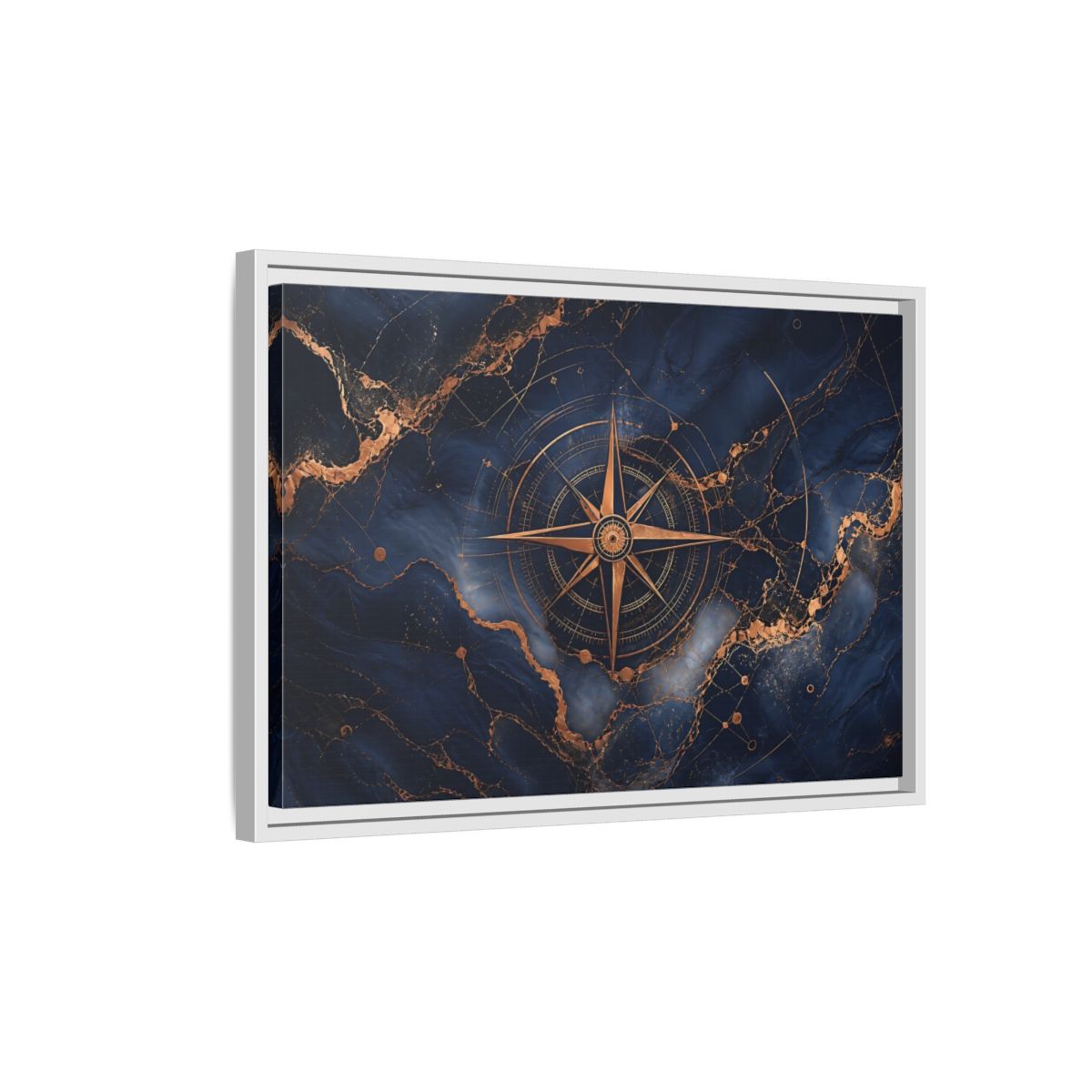 Side Mockup 1. Maps Compass Rose Blue And Gold shown as stretched canvas wall art