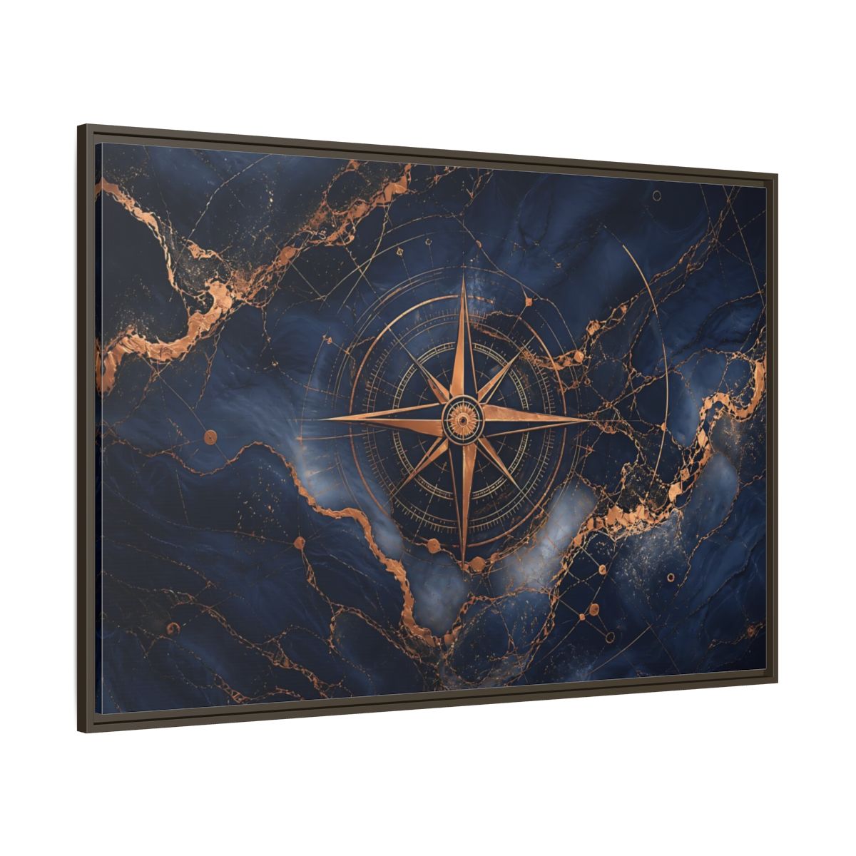 Side Mockup 8. Maps Compass Rose Blue And Gold shown as stretched canvas wall art