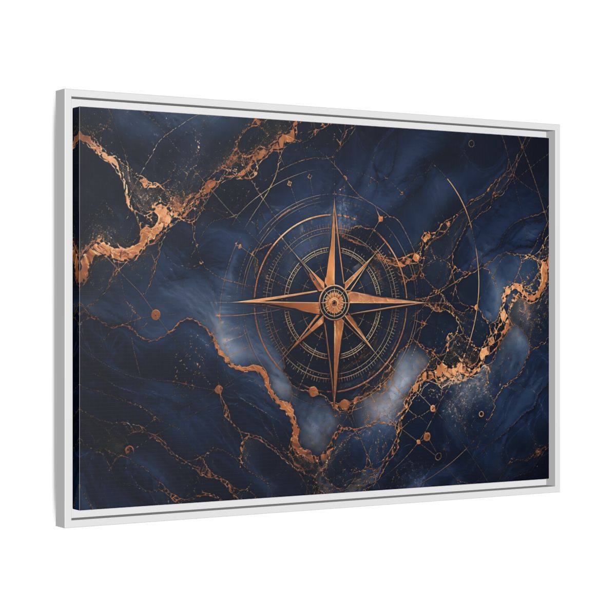 Side Mockup 9. Maps Compass Rose Blue And Gold shown as stretched canvas wall art