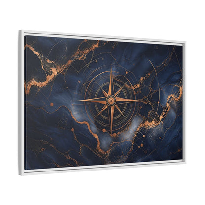 Side Mockup 9. Maps Compass Rose Blue And Gold shown as stretched canvas wall art