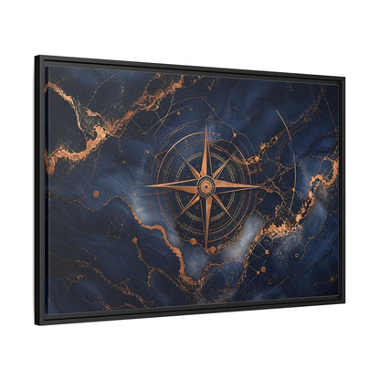 Side Mockup 13. Maps Compass Rose Blue And Gold shown as stretched canvas wall art