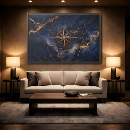 Mockup 2. Maps Compass Rose Blue And Gold shown as stretched canvas wall art