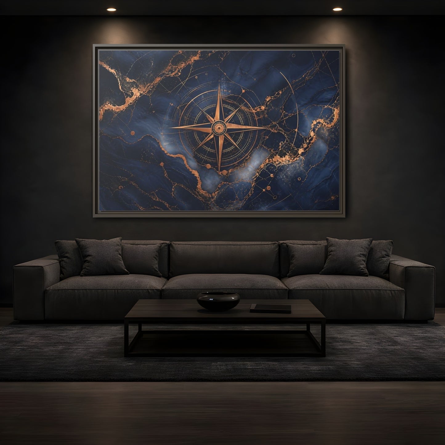 Mockup 3. Maps Compass Rose Blue And Gold shown as stretched canvas wall art