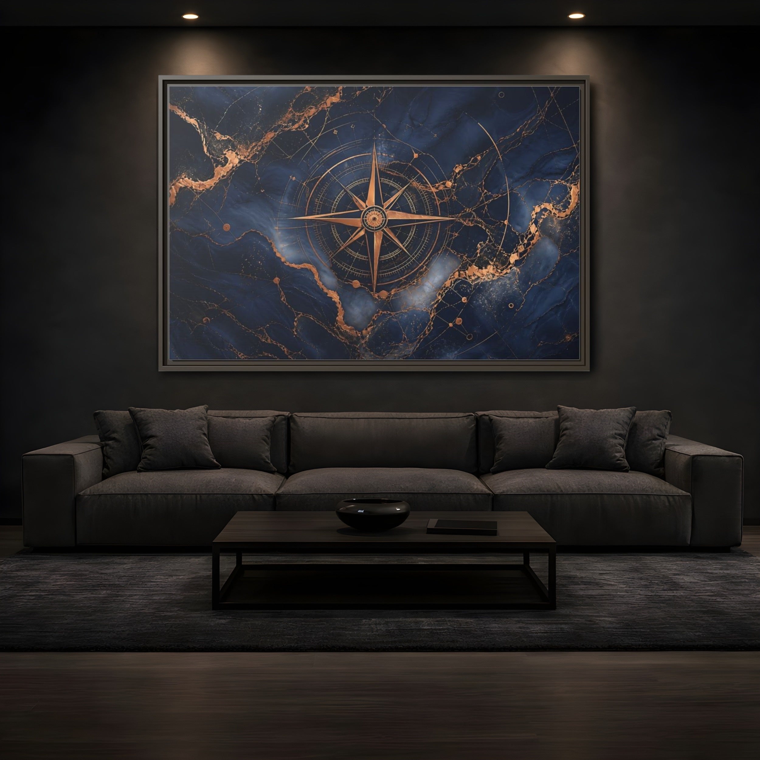 Mockup 3. Maps Compass Rose Blue And Gold shown as stretched canvas wall art
