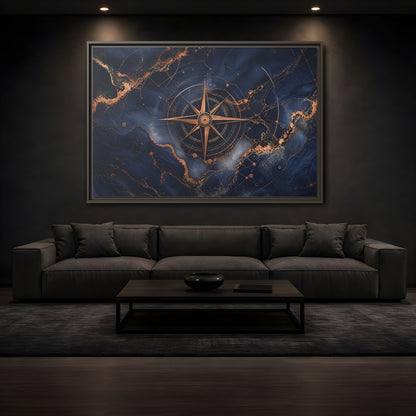 Mockup 3. Maps Compass Rose Blue And Gold shown as stretched canvas wall art