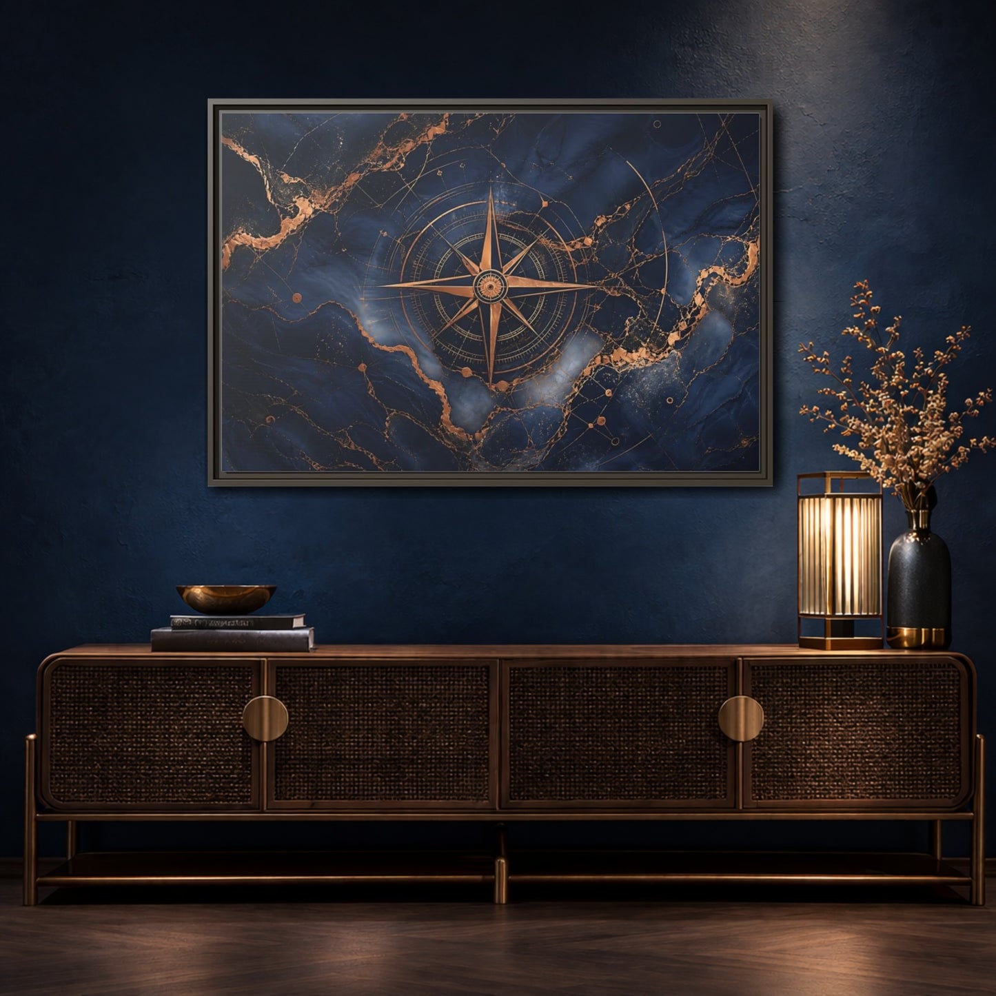 Mockup 4. Maps Compass Rose Blue And Gold shown as stretched canvas wall art