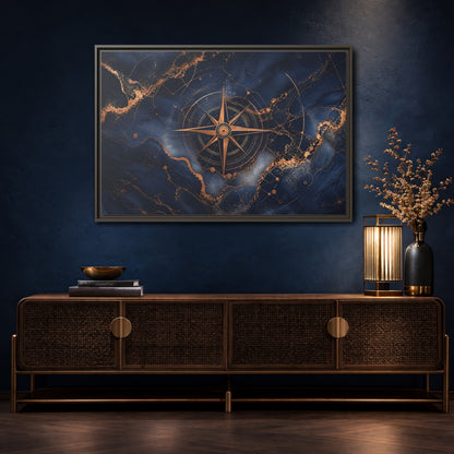 Mockup 4. Maps Compass Rose Blue And Gold shown as stretched canvas wall art