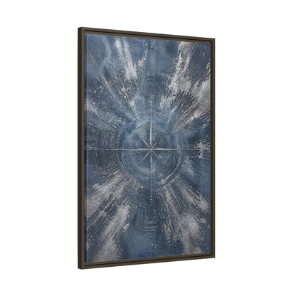 Main Mockup. Maps Compass Rose Blue And Silver shown as stretched canvas wall art