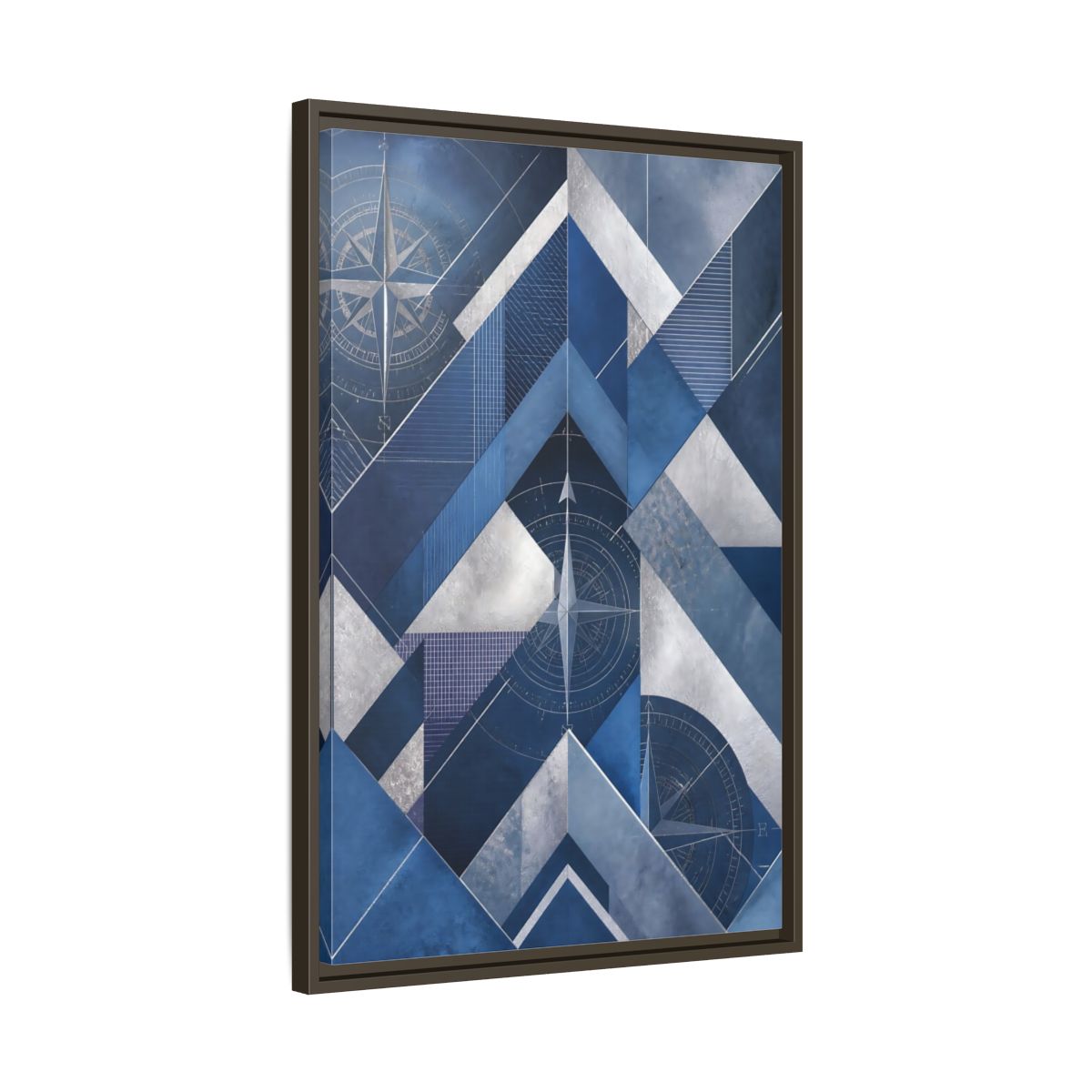 Side Mockup 11. Maps Compass Rose Blue And Silver shown as stretched canvas wall art