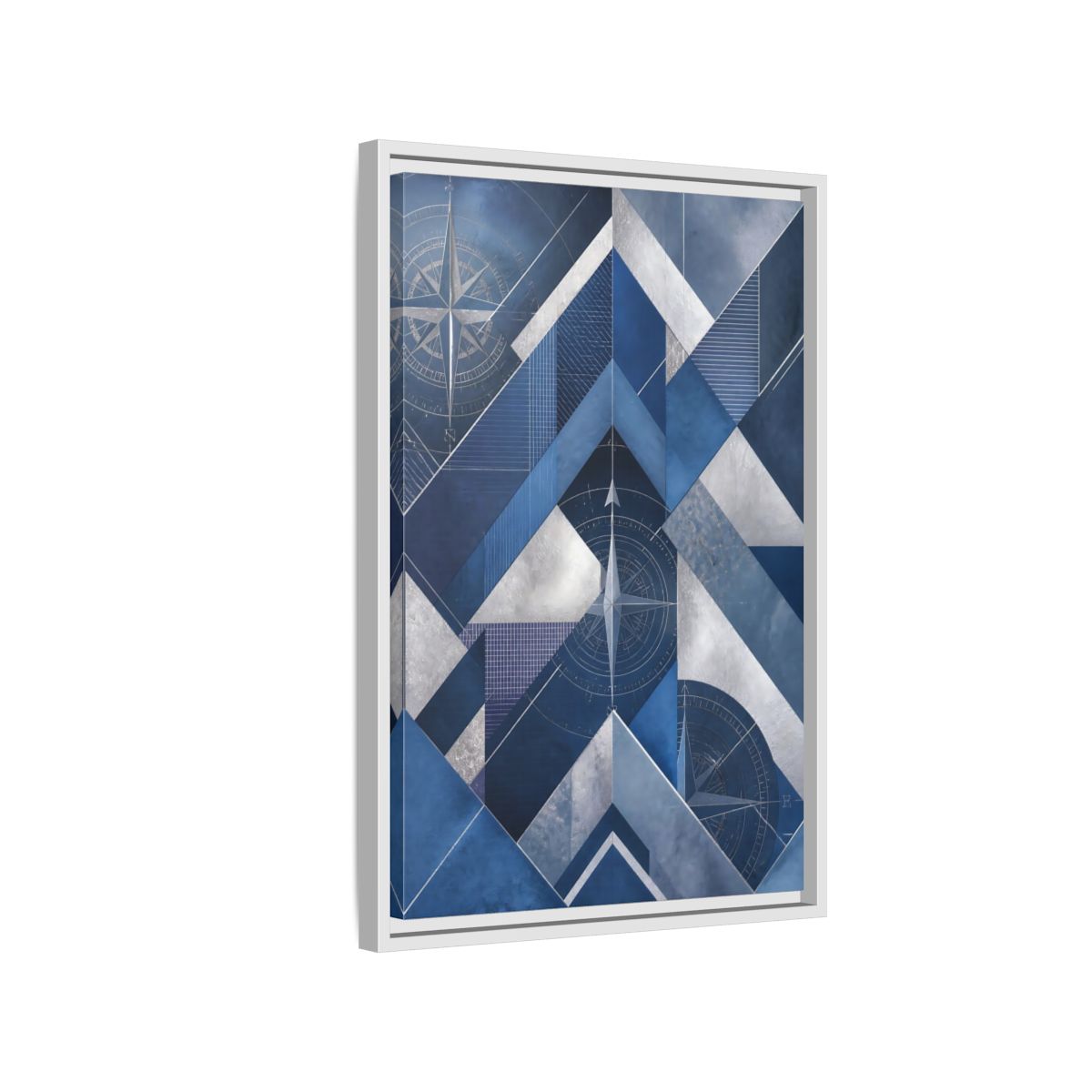 Side Mockup 1. Maps Compass Rose Blue And Silver shown as stretched canvas wall art