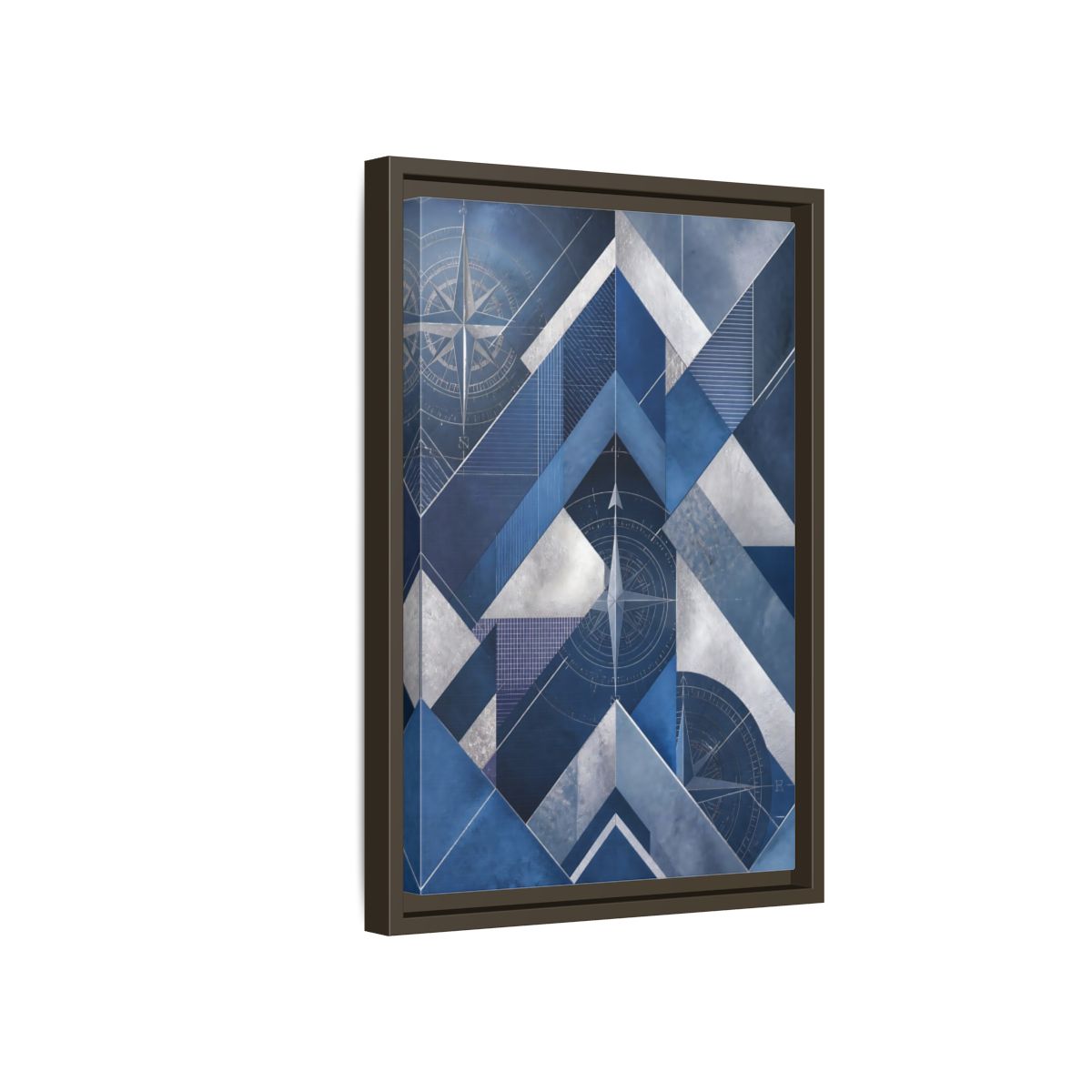 Side Mockup 5. Maps Compass Rose Blue And Silver shown as stretched canvas wall art
