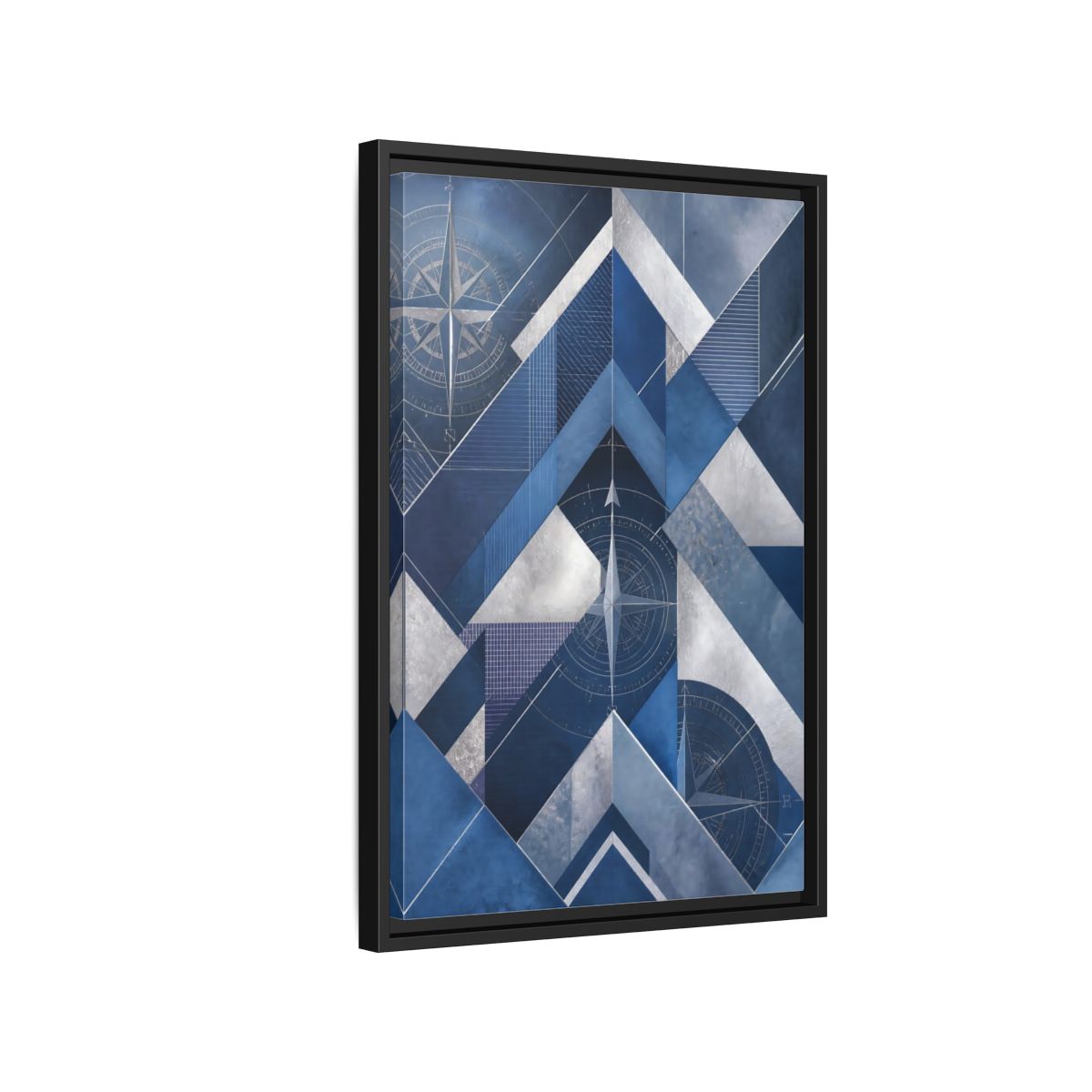 Side Mockup 3. Maps Compass Rose Blue And Silver shown as stretched canvas wall art