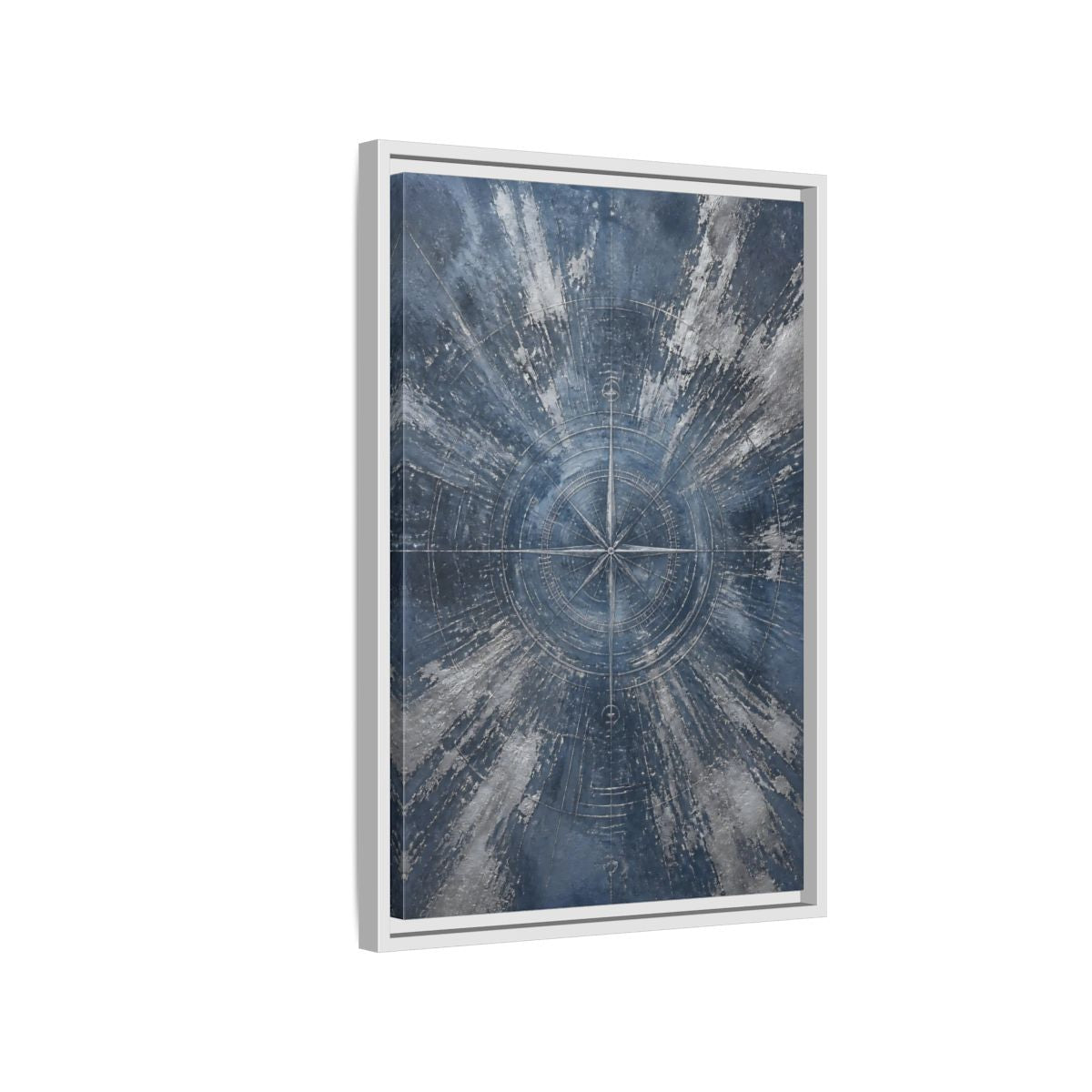 Side Mockup 1. Maps Compass Rose Blue And Silver shown as stretched canvas wall art